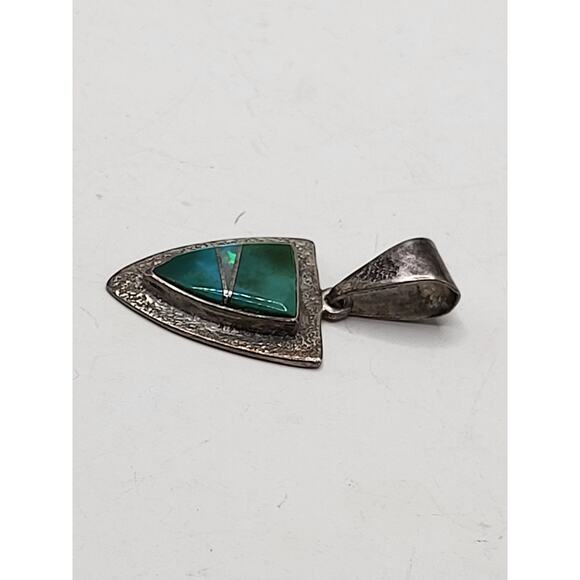 Vintage Sterling Silver Turquoise Opal Inlay Shield Pendant Southwestern 1980s - Picture 2 of 6